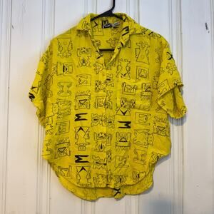 Details vintage yellow black aztec print short sleeve button up blouse shirt